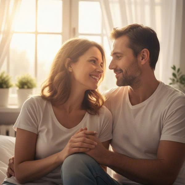 Hình ảnh cặp đôi hạnh phúc và tự tin, biểu tượng cho việc vượt qua xuất tinh sớm nhờ sự đồng cảm và hỗ trợ lẫn nhau.
